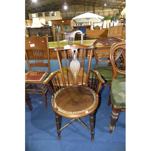 3183 - An Edwardian marquetry inlaid mahogany elbow chair with a circular upholstered seat and an Edwardian... 