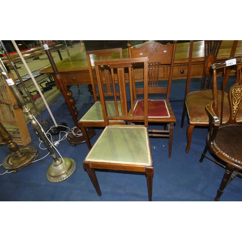 3184 - A pair of Edwardian inlaid mahogany bedroom chairs with wooden seats and a carved oak spindle back b... 