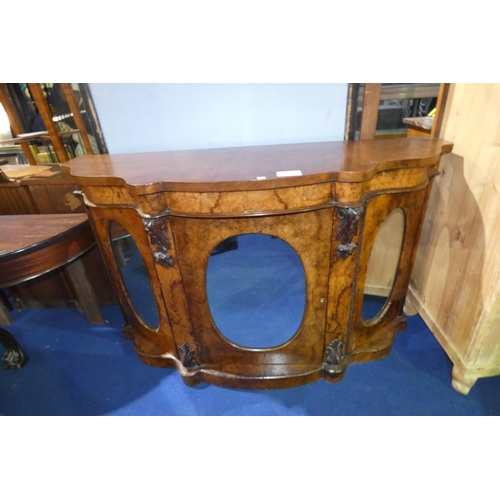 3193 - A Victorian walnut shaped front credenza with 3 mirrored panel doors, approx 137 cm wide