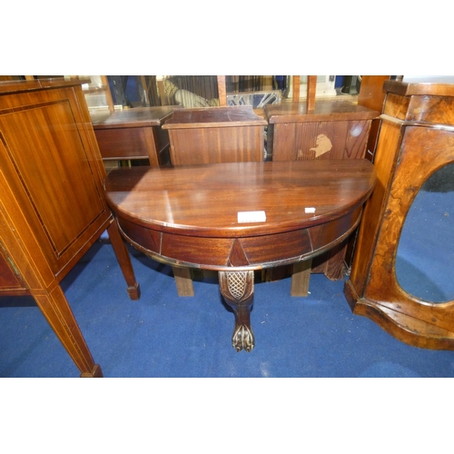 3194 - A dark mahogany semicircular console table with a cabriole leg with ball and claw feet, approx 92 cm... 