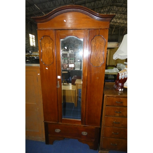 3108 - An Edwardian marquetry inlaid mahogany single wardrobe with a mirrored door and drawer under, approx... 