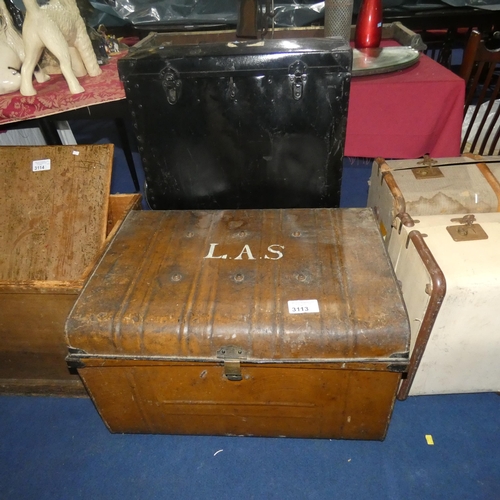 3113 - A vintage brown painted metal storage trunk with a lift lid and a vintage black painted carry case