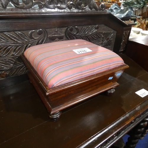 3116 - A small Victorian rosewood footstool with a striped upholstered top