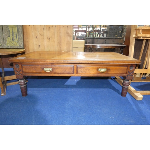 3138 - An Edwardian mahogany rectangular topped coffee table with two drawers, approx 123 cm long