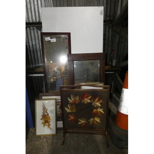 3165 - A leaf decorated firescreen and a quantity of miscellaneous mirrors, pictures and frames