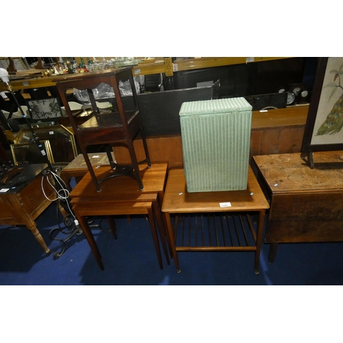 3199 - A green Lloyd Loom linen basket, a rectangular topped trolley, a nest of 3 teak coffee tables and a ... 