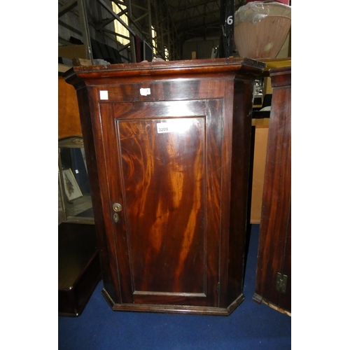 3209 - A 19th Century mahogany flat front wall hanging corner cabinet with a panelled door