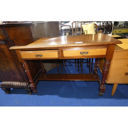 3213 - An Edwardian rectangular topped mahogany side table with two drawers and shelf under, approximately ... 