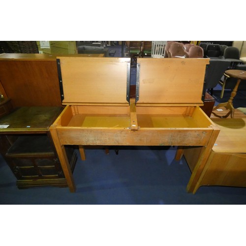 3093 - A vintage light wood double school desk with two lift lids, approximately 119cm wide