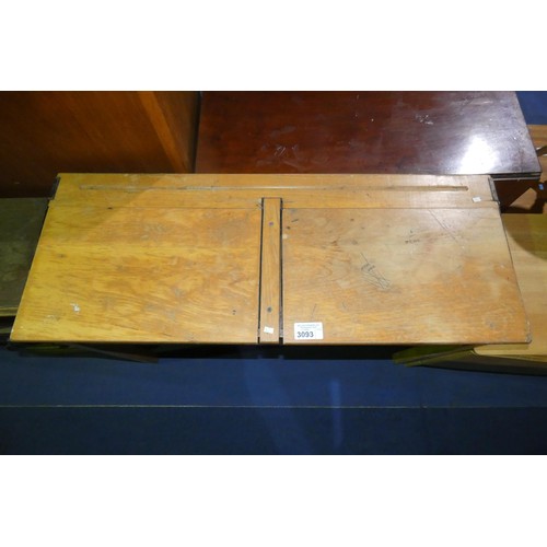 3093 - A vintage light wood double school desk with two lift lids, approximately 119cm wide