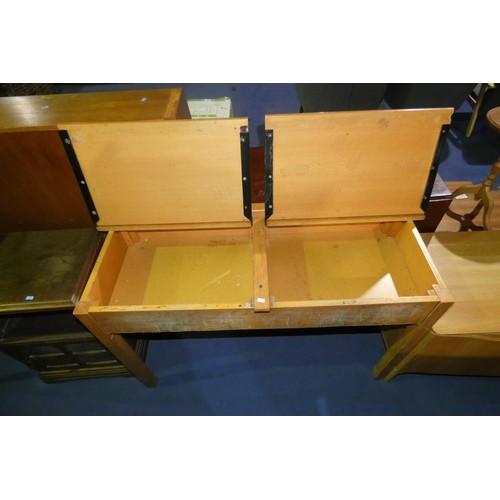 3093 - A vintage light wood double school desk with two lift lids, approximately 119cm wide