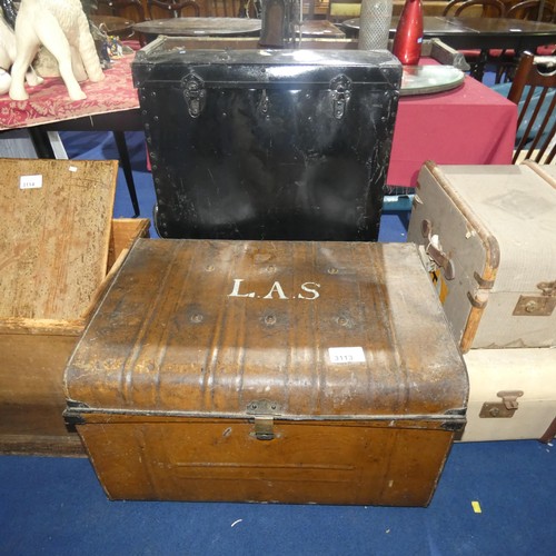 3113 - A vintage brown painted metal storage trunk with a lift lid and a vintage black painted carry case