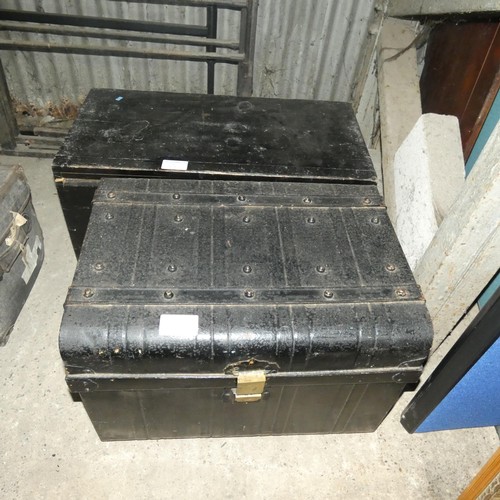 3124A - A vintage black painted pine storage box with a lift lid and side handles and a vintage metal storag... 