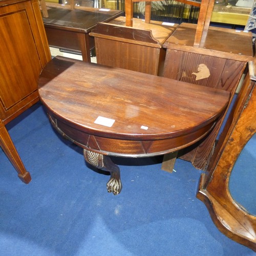 3194 - A dark mahogany semicircular console table with a cabriole leg with ball and claw feet, approx 92 cm... 