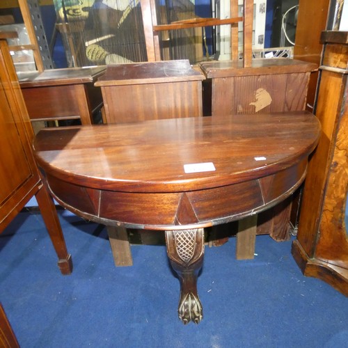 3194 - A dark mahogany semicircular console table with a cabriole leg with ball and claw feet, approx 92 cm... 