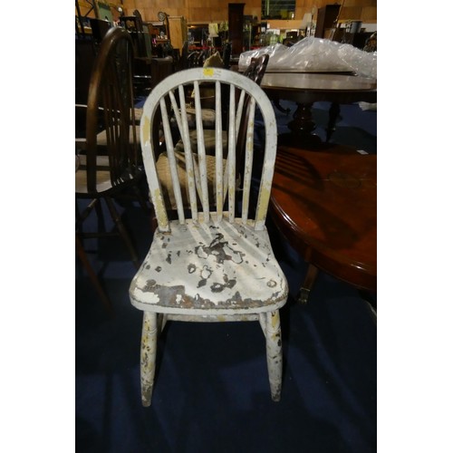 3166 - A vintage white painted heavy duty rail back hardwood chair with a wooden seat marked with a militar... 