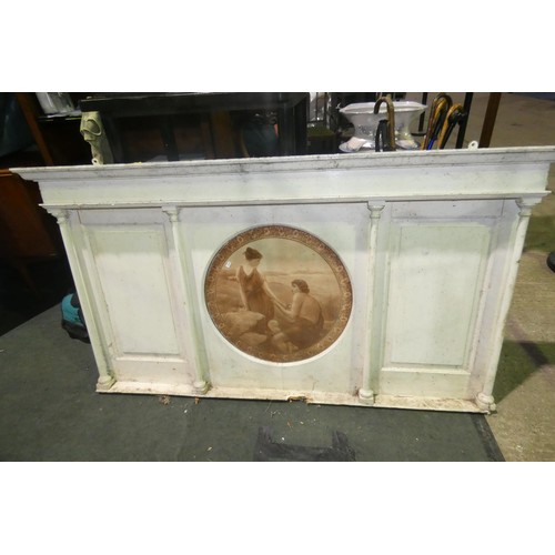 2950 - A white framed overmantle, a large embossed brass circular tray and framed picture (stillage not inc... 