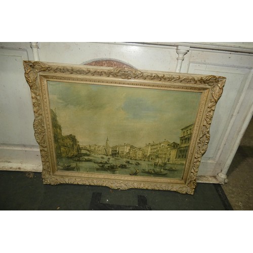 2950 - A white framed overmantle, a large embossed brass circular tray and framed picture (stillage not inc... 