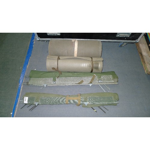 2149 - 2 ex-British army cot type camping beds and 2 x roll type sleeping mats