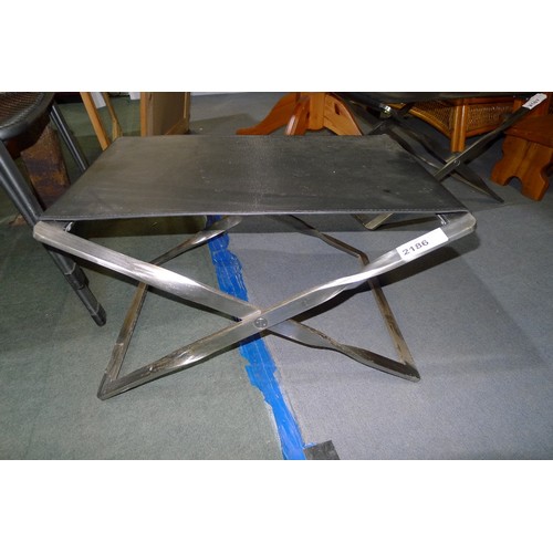 2186 - A steel and black leather folding stool