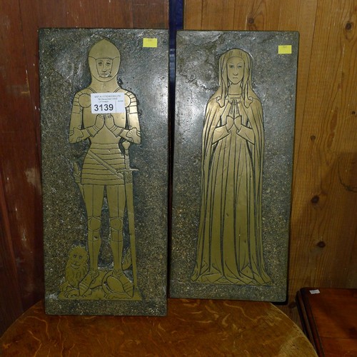 3139 - A pair of vintage brass rubbing plaques of a knight and his lady each approx 25cm w x 56cm high