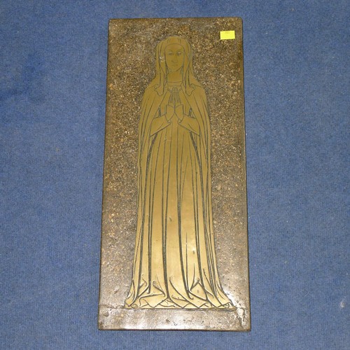 3139 - A pair of vintage brass rubbing plaques of a knight and his lady each approx 25cm w x 56cm high