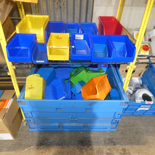 5010 - A quantity of various plastic storage bins. Contents of 2 shelves and the blue plastic crate is not ... 