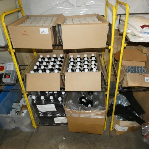 5012 - A quantity of various brown glass bottles with white plastic lids. Contents of 1 bay /3 shelves