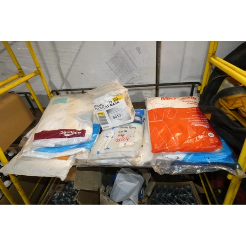 5013 - A quantity of various disposable coveralls and masks. Contents of 1 shelf