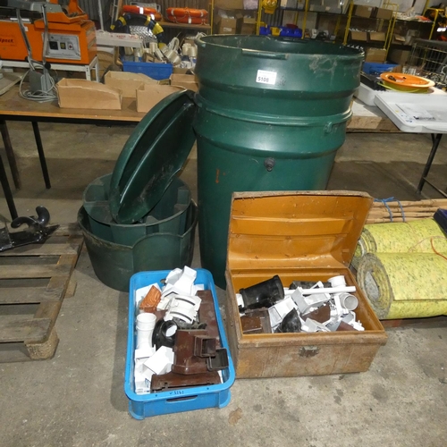 5108 - 2 green plastic water butts with stands, 3 large plastic plant pots, 1 metal trunk and 1 blue plasti... 