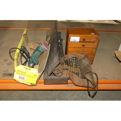 5166 - A Bosch sander 240v, a quantity of various augers and a small wooden 6 drawer cabinet (empty)