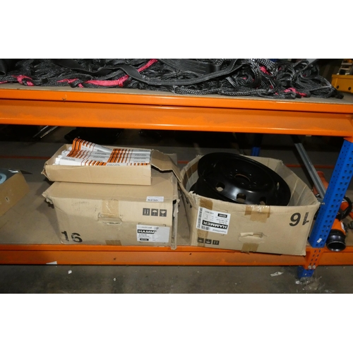 5230 - 2 x black metal 5 stud wheels (believed to fit VW) and a box containing a quantity of stop & tail & ... 