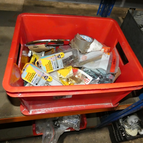 5383 - 1 red plastic box containing a quantity of various fixings, wall bolts, hooks etc