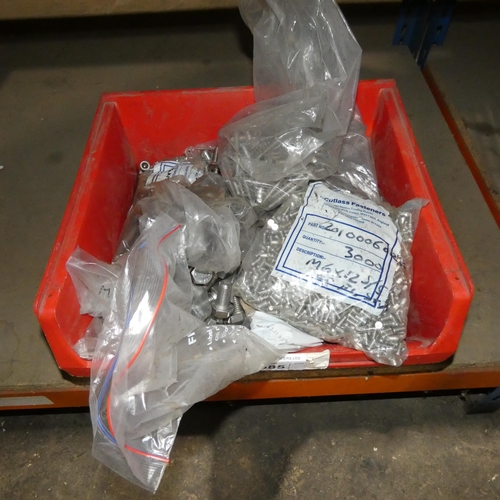 5385 - 1 red plastic box containing a quantity of various bolts, machine bolts etc (including stainless ste... 