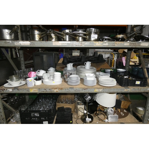 1081 - A quantity of various catering related items including white crockery by Churchill, glasses, mugs et... 