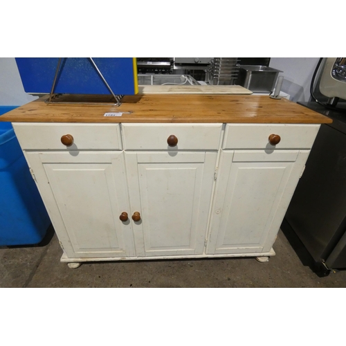 1182 - A pine kitchen dresser with 3 cream doors & 3 drawers below, shelves and 2 glass doors above,  appro... 