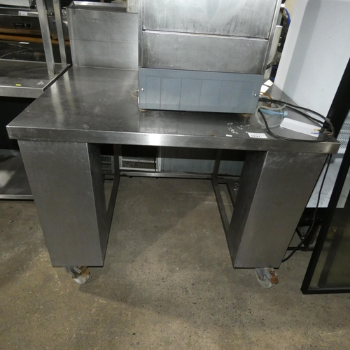 1191 - A commercial stainless steel mobile prep table/desk with splash back, approx 120x90x91/120cm rear