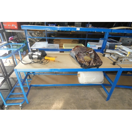 2033 - A blue metal workbench / packing bench approx 180 x 74cm with a half size shelf below and a narrow s... 