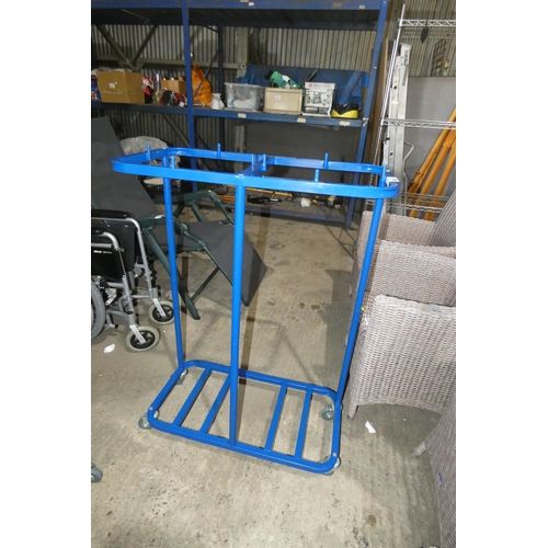 2040 - A wheeled blue metal frame (for hanging a refuse sack?)