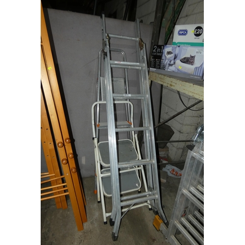 2072 - An Abru aluminium 3-way ladder, an aluminium step ladder and 1 other set of small folding steps