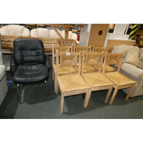 2163 - A set of 6 wood framed dining chairs with rush seats and backs together with a black upholstered can... 