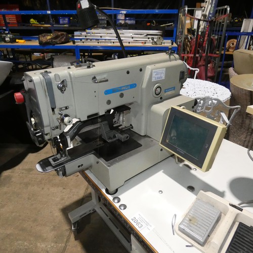 2063 - A Mitsubishi PLK-E03BT industrial multi stitch sewing machine 240v, fitted with a PLK-E-PAL screen a... 