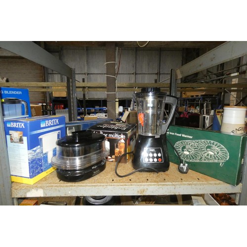 2114 - A quantity of various household items including a Coopers soup maker 240v, crockery, an iron, a Brit... 