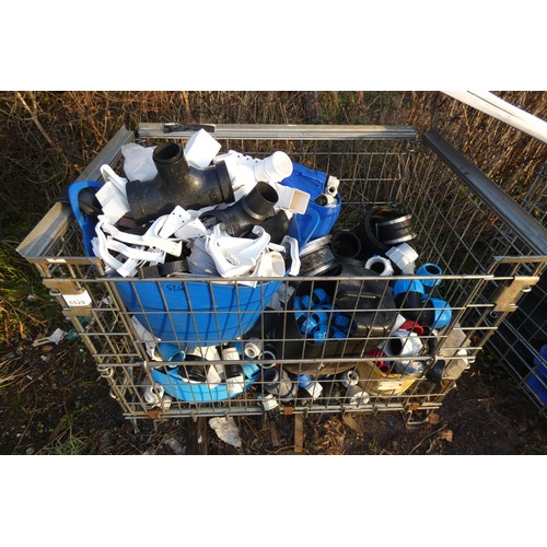 5829 - 1 cage containing a quantity of MDPE pipe connectors and various gutter brackets and fittings (pleas... 