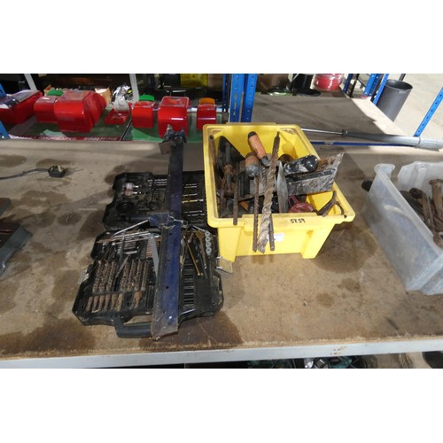 5350 - A quantity of various items including a 92cm sash cramp, drill bits etc. The yellow plastic box is i... 