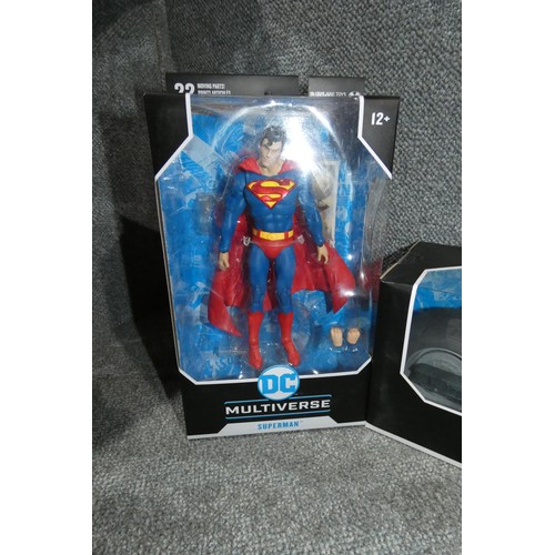 127 - 2 DC Multiverse boxed unused collectible action figures, Superman, Batman & Batcycle retail approx £... 