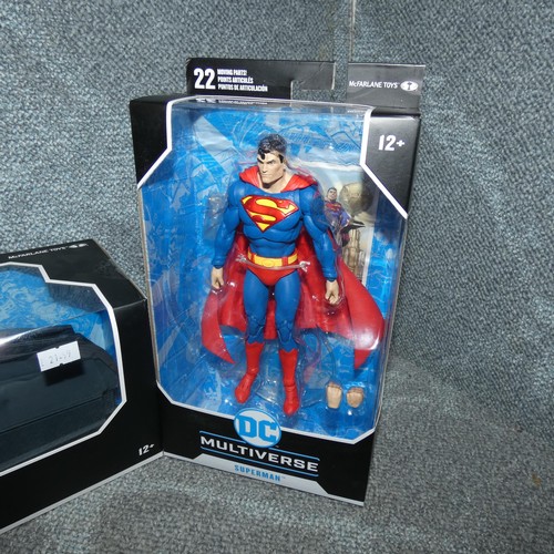 129 - 2 DC Multiverse boxed unused collectible action figures, Superman, Batman & Batcycle retail approx £... 