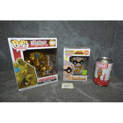 179 - 3 x various Funko Pop collectible figures inc a 25th anniversary special edition Yu-Gi-Oh! Winged Dr... 