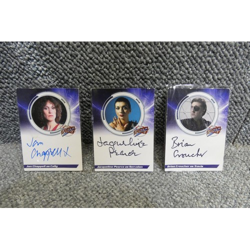 450 - 3 x rare Blakes 7 series 1 autographed trading cards - Signed by Jan Chappell/Cally, Jacqueline Pear... 