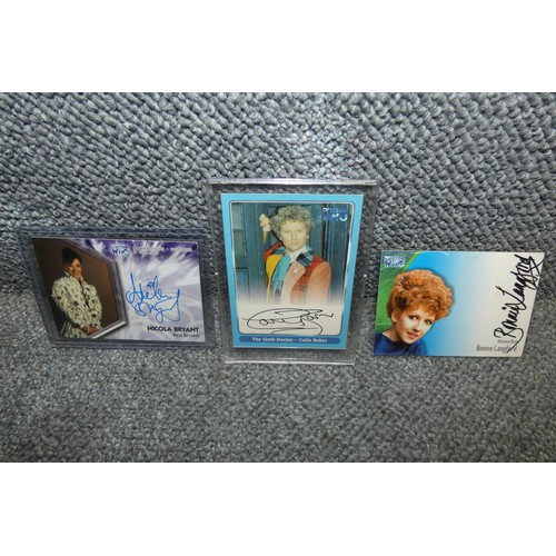 503 - 3 x rare Doctor Who autograph cards signed by Colin Baker, Bonnie Langford & Nicola Bryant